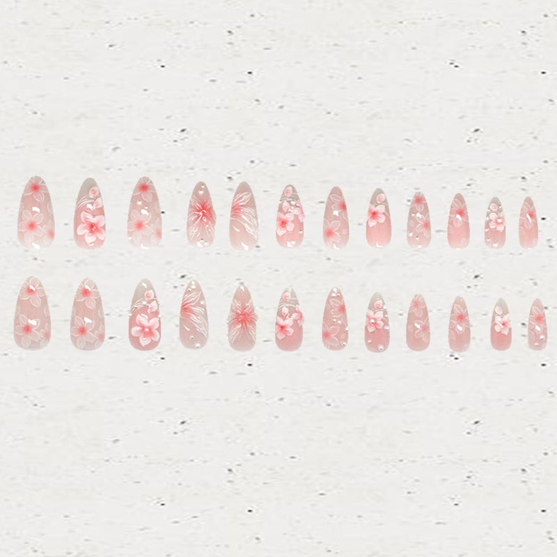 CJDLTS Pink Flower Press on Nails Medium Almond Shaped Artificial Acrylic Nails Gradient 3D Floral with Pearl Design Stick on Nails Full Cover Reusable Coffin Artificial Fingernails for Women Manicure - Image 4